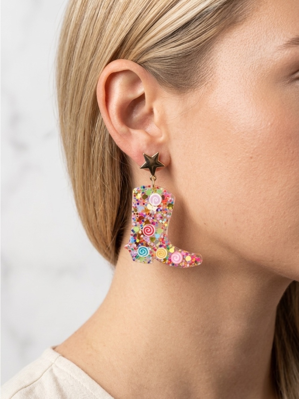Colorful Candy Confetti Cowboy Boot Drop Earrings - Gold Star Top Glitter Swirl